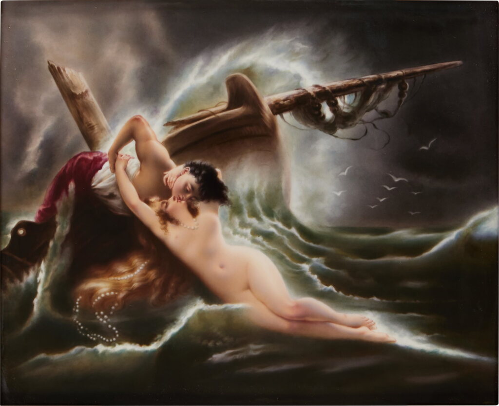 View full screen - View 1 of Lot 483. A Berlin (K.P.M.) Rectangular Plaque, 'The Kiss of the Wave', Late 19th Century.