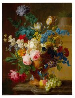 Still Life of roses, peonies, tulips, narcissus, and other flowers in a terracotta vase, with grapes and a peach