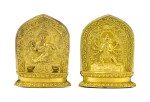 TWO INSCRIBED GILT-BRONZE VOTIVE PLAQUES, MARKS AND PERIOD OF QIANLONG | 清乾隆 鎏金銅迦諾迦伐蹉尊者及八臂積光佛母擦擦一組兩尊 《大清乾隆年製》款、底刻「十六來」及「七者」銘款