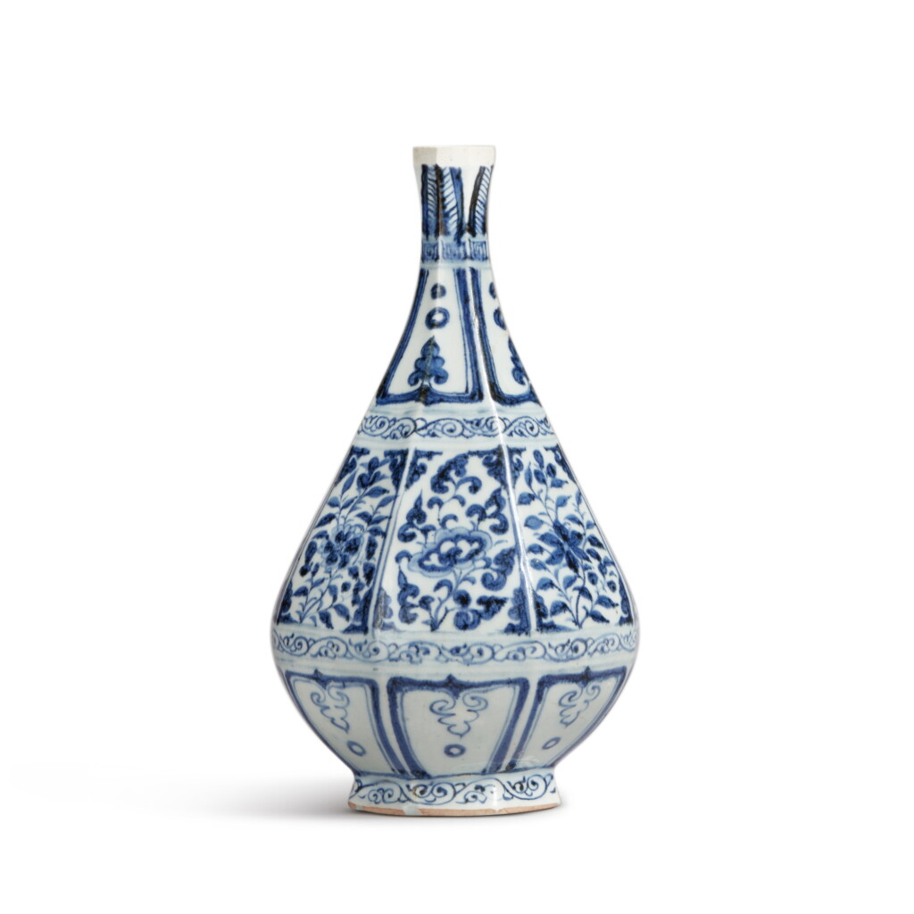 View full screen - View 1 of Lot 93. A blue and white faceted pear-shaped vase, Yuan dynasty | 元 青花花卉紋八棱玉壺春瓶.