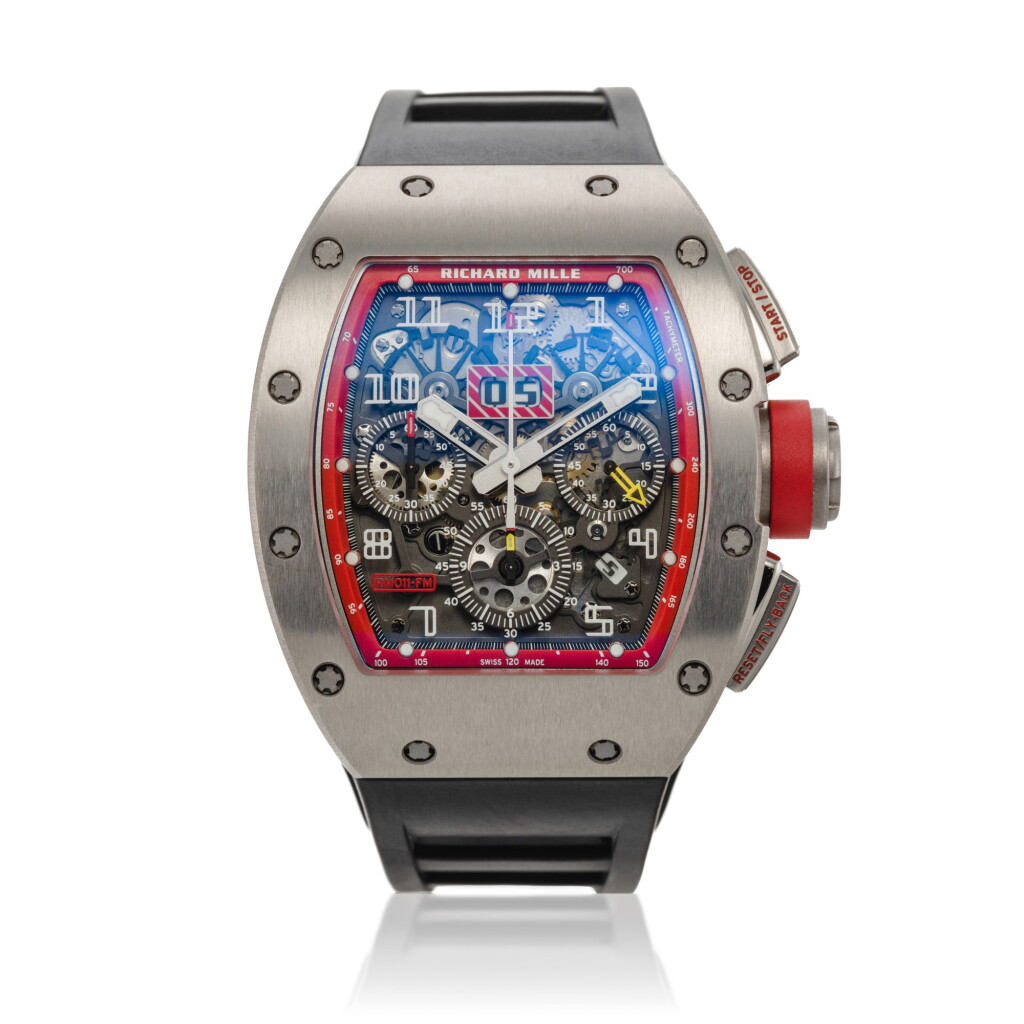 View full screen - View 1 of Lot 124. Reference RM011 AH Ti Felipe Massa 'Dubail Edition' | A limited edition titanium skeletonized chronograph wristwatch, Circa 2010 | Richard Mille RM011 AH Ti 型號 Felipe Massa 'Dubail Edition' | 限量版鈦金屬鏤空計時腕錶,約2010年製.