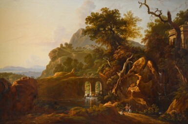 View full screen - View 1 of Lot 198. A capriccio landscape with travellers below a rocky outcrop.