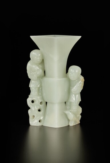View full screen - View 1 of Lot 201. A pale celadon jade 'boys' vase, Qing dynasty, Qianlong period | 清乾隆 青白玉童子紋方觚.