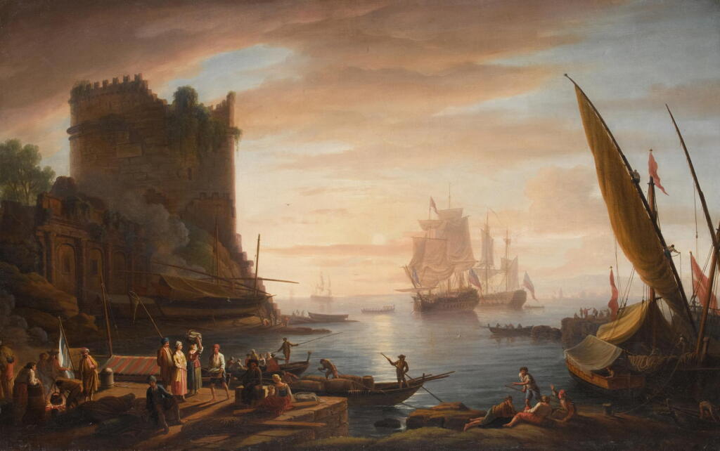 View full screen - View 1 of Lot 60. DOMINIC SERRES | Figures on a mediterranean quayside with shipping beyond.