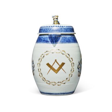 View full screen - View 1 of Lot 168. A Large Chinese Export Famille-Rose 'Masonic' and Initialed Jug and Cover, Qing Dynasty, Qianlong Period | 清乾隆 青花粉彩共濟會圖字母紋大蓋壺.