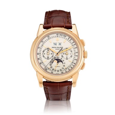 View full screen - View 1 of Lot 2073. Reference 5970 | A pink gold perpetual calendar chronograph wristwatch with moon phases, 24 hours and leap year indication, retailed by Tiffany & Co., Circa 2008, From the collection of Hiroshi Fujiwara | 百達翡麗 | 型號5970 | 粉紅金萬年曆計時腕錶,備月相、24小時及閏年顯示,由 Tiffany & Co. 發行,約2008年製,原為藤原浩收藏 .