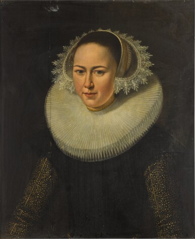 View full screen - View 1 of Lot 132. Portrait of a lady, half-length, wearing a white ruff and a black dress with embroidered sleeves and a white cap.