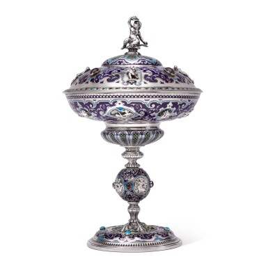 View full screen - View 1 of Lot 258. A VICTORIAN SILVER, ENAMEL, AND HARDTSTONE CUP AND COVER, ELKINGTON & CO., BIRMINGHAM, 1863.