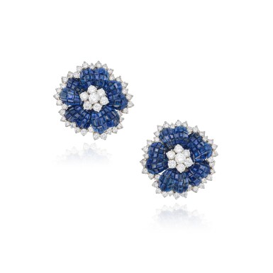 View full screen - View 1 of Lot 195. A Pair of 'Mystery-Set' Sapphire and Diamond Earclips.