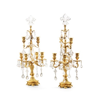 View full screen - View 1 of Lot 270. A pair of Louis XV style gilt-bronze and cut-crystal girandoles,.