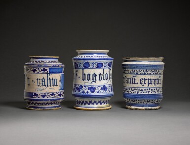 View full screen - View 1 of Lot 34. Three Italian maiolica albarelli, Venice and Faenza, 16th century.
