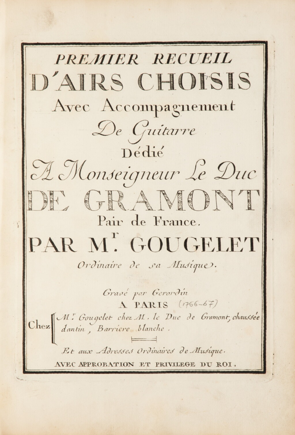 View full screen - View 1 of Lot 507. Premier recueil d'Airs choisis. 1766. Maroquin rouge, armes Choiseul-Stainville..