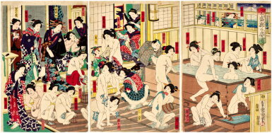 View full screen - View 1 of Lot 44. Toyohara Kunichika (1835-1900) | A Prosperous Bath House in the Licensed Quarters (Zensei sato sugata yu) | Meiji period, late 19th century.