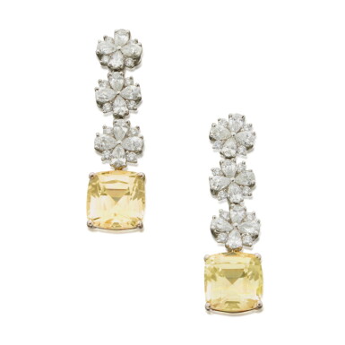 View full screen - View 1 of Lot 446. Pair of Yellow Sapphire and Diamond Earrings.