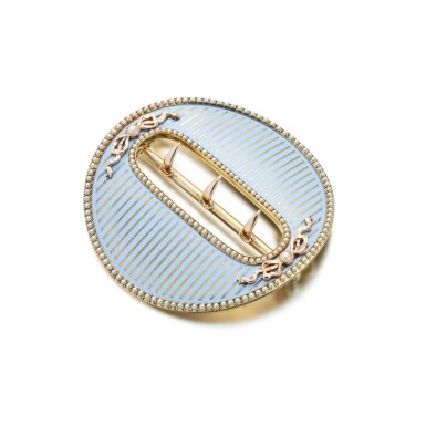 View full screen - View 1 of Lot 101. A Fabergé Gold and Silver-Mounted Champlevé Enamel Belt Buckle, workmaster Henrik Wigström, St Petersburg, 1908-1917.