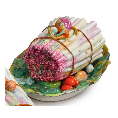 View full screen - View 1 of Lot 189. A PARIS (JACOB PETIT FACTORY) ASPARAGUS-FORM TUREEN AND COVER ON FIXED STAND, MID-19TH CENTURY.