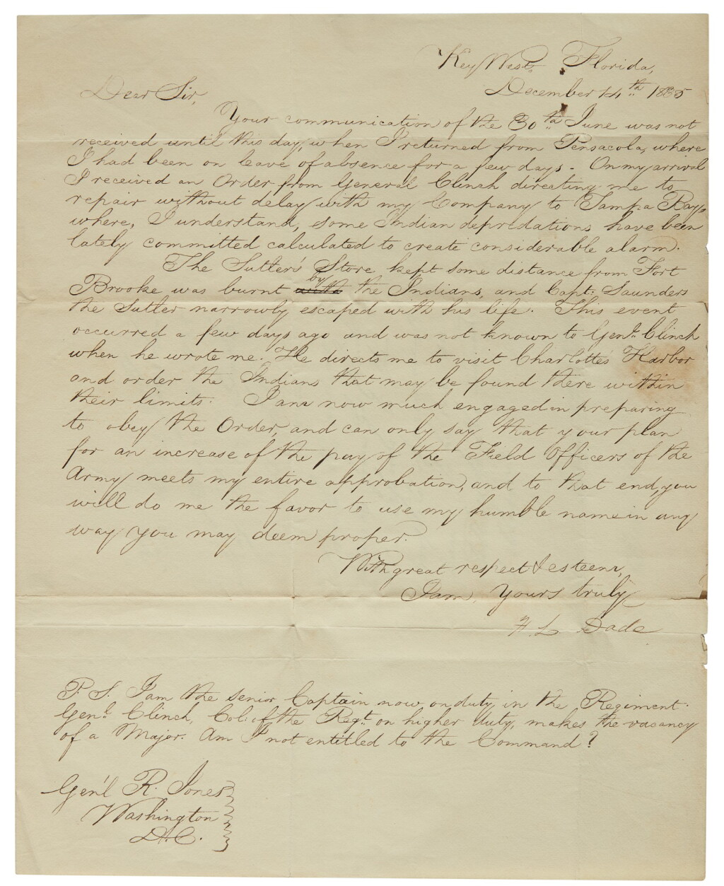 View full screen - View 1 of Lot 2113. Florida: Dade, Francis Langhorne. Autograph letter signed to General Roger Jones, 14 Dec 1835.