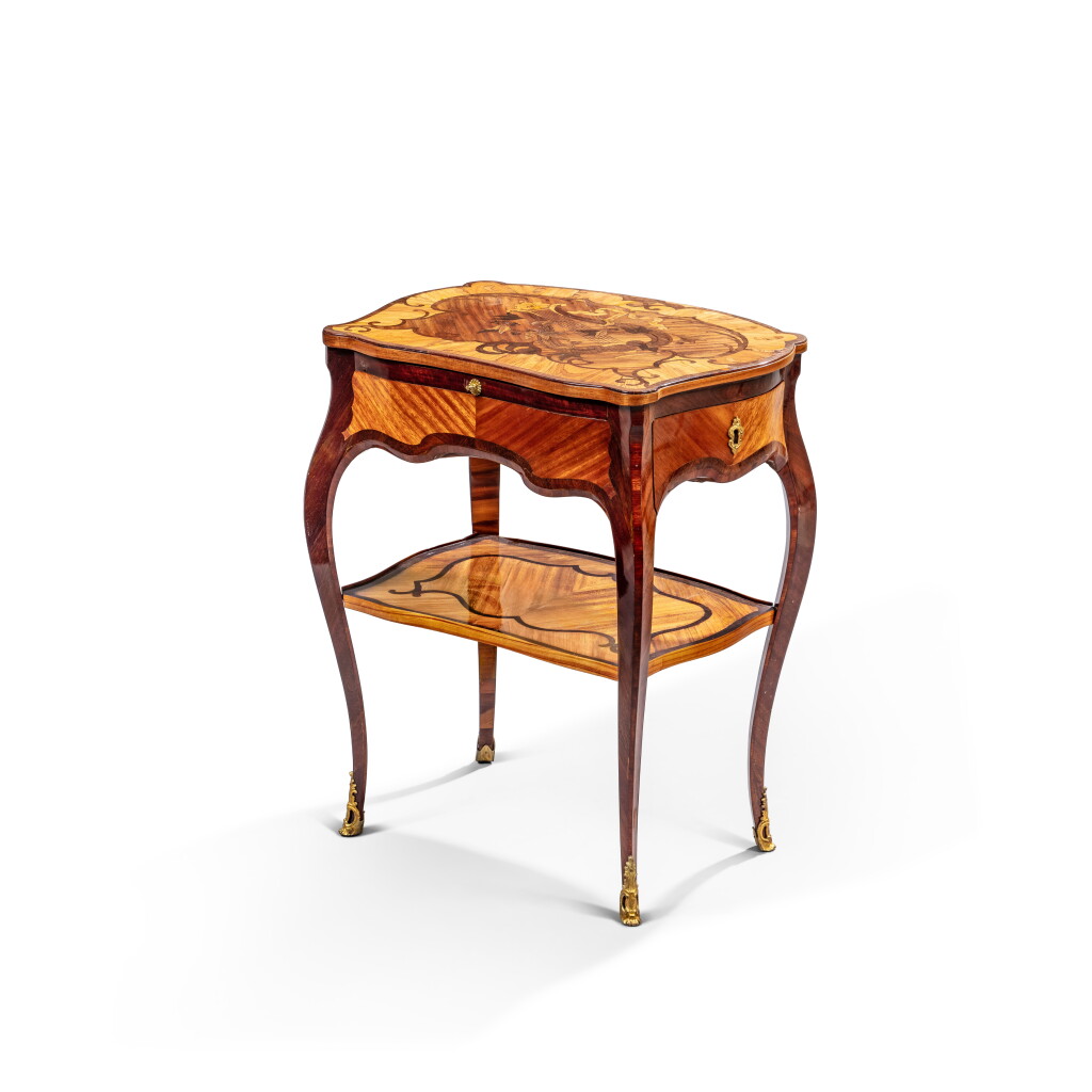 View full screen - View 1 of Lot 112. A Louis XV tulipwood, amaranth and satin wood veneered writing table, circa 1750, stamped by Jean-Pierre Latz.