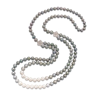 View full screen - View 1 of Lot 203. Cultured Pearl and Diamond Sautoir | 養殖珍珠 配 鑽石 長項鏈.