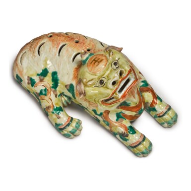 View full screen - View 1 of Lot 1899. AN UNUSUAL CHINESE BISCUIT-GLAZED 'MYTHICAL-BEAST' WALL-MOUNTED CENSER, QING DYNASTY, 19TH CENTURY | 清十九世紀 五彩瑞獸形掛壁熏爐.