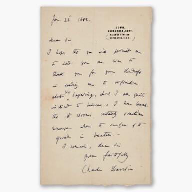 View full screen - View 1 of Lot 97. Charles Darwin | Autograph letter signed, to Henry Yates Thompson, on lapwings, 1882.