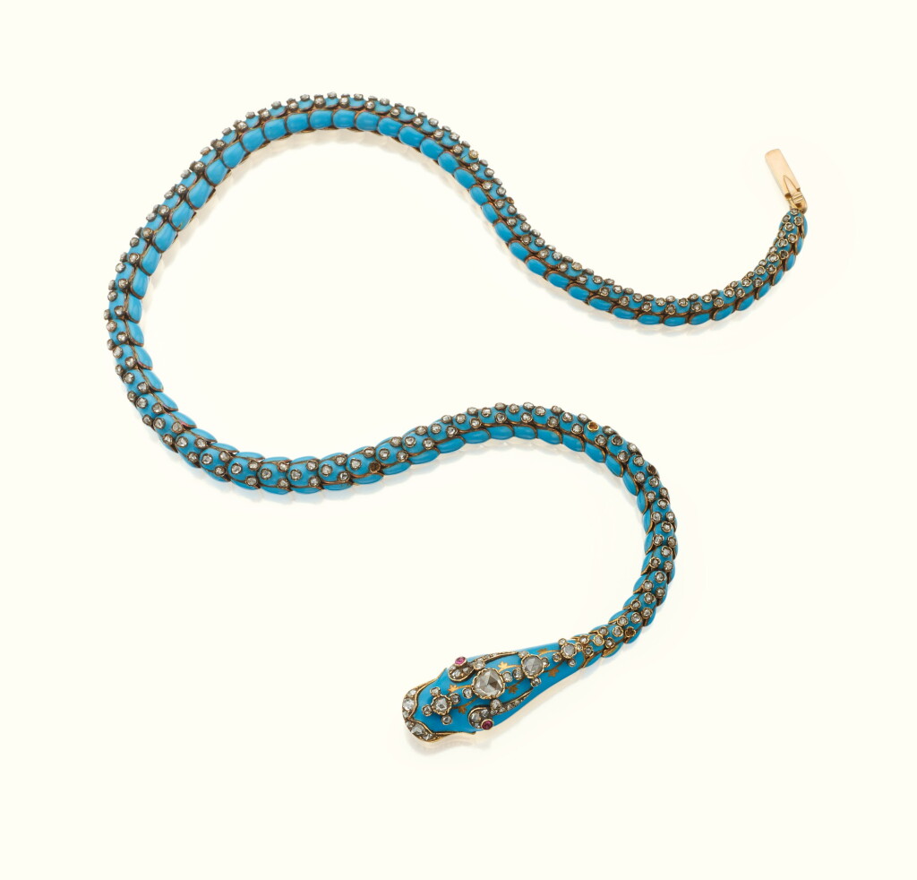 View full screen - View 1 of Lot 41. A GOLD, ENAMEL, AND JEWELED SERPENT NECKLACE, CIRCA 1875.