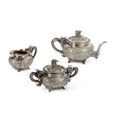View full screen - View 1 of Lot 165. A Chinese Export Silver Three-Piece Tea Set, Wang Hing, Hong Kong, Circa 1900.