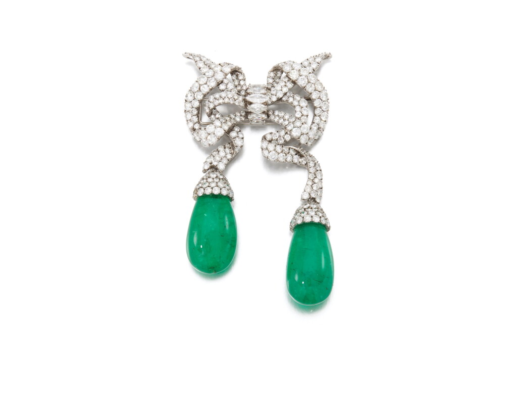 View full screen - View 1 of Lot 285. Diamond and emerald brooch | 鑽石及祖母綠胸針.