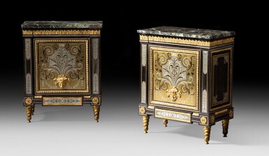 View full screen - View 1 of Lot 16. A pair of ebony, brass, pewter, tortoiseshell marquetry with gilt-bronze mounts meubles à hauteur d'appui, Louis XVI, circa 1775, probably by Adam Weisweiler | Paire de meubles à hauteur d'appui en laiton, étain, écaille et ébène, monture de bronze doré d'époque Louis XVI, vers 1775, probablement par Adam Weisweiler.