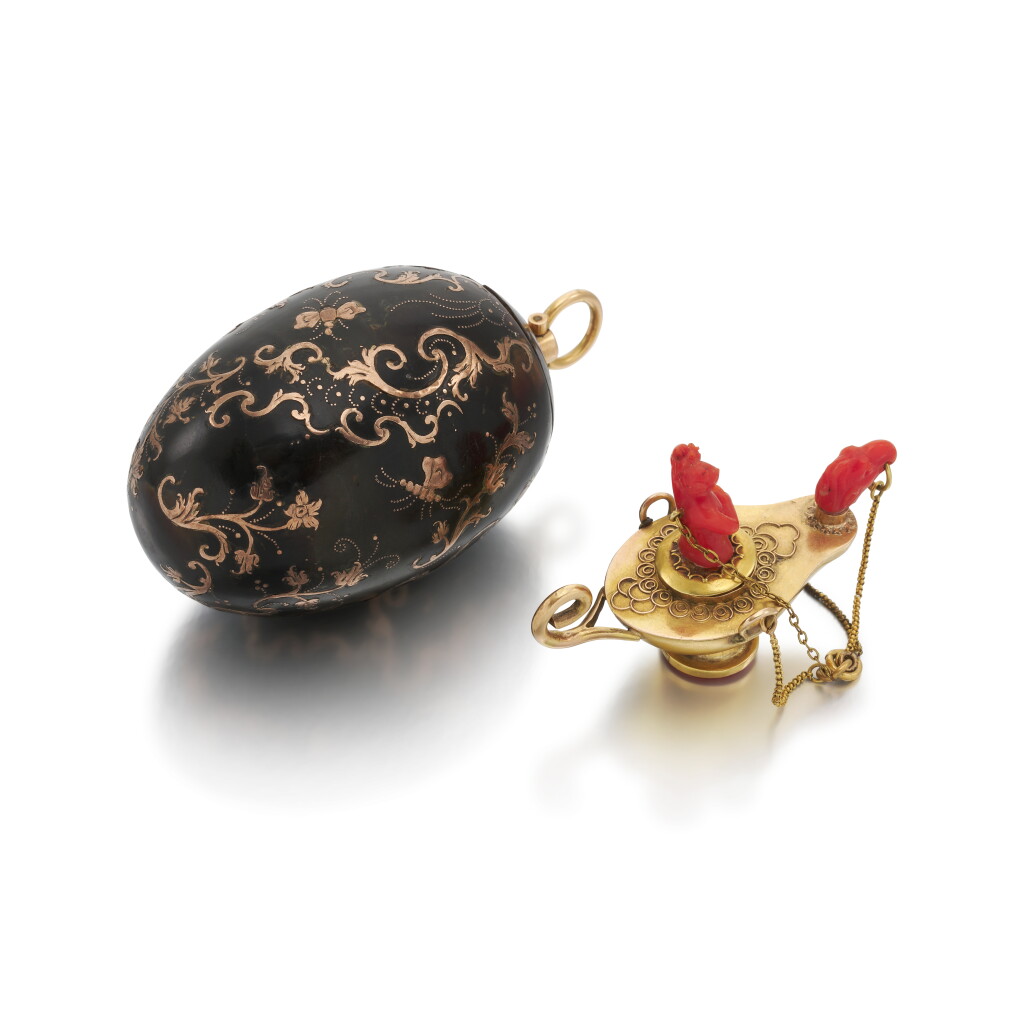 View full screen - View 1 of Lot 352. Two gold-mounted tortoiseshell or coral objects of vertu, Italian, 18th century.