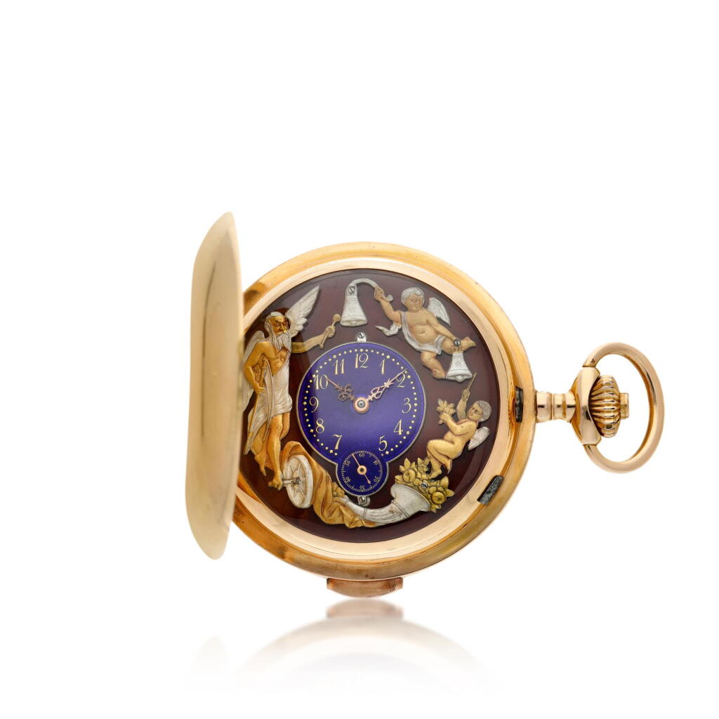 View full screen - View 1 of Lot 195. A pink gold minute repeating automaton hunting cased watch, Circa 1915.