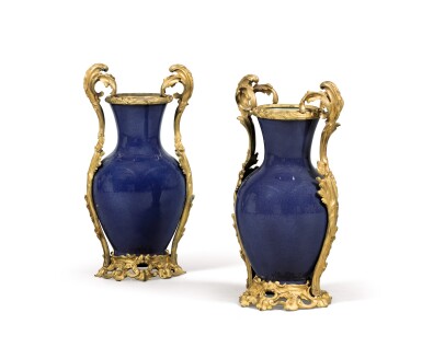 View full screen - View 1 of Lot 134. A pair of Louis XV style gilt-bronze mounted Chinese blue porcelain vases, 19th century.