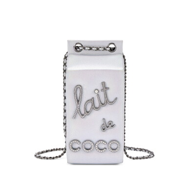 View full screen - View 1 of Lot 657. Limited Edition Silver Iridescent Goatskin Lait de Coco Milk Carton Bag Ruthenium, Crystal and Imitation Pearl Hardware, 2014-15.