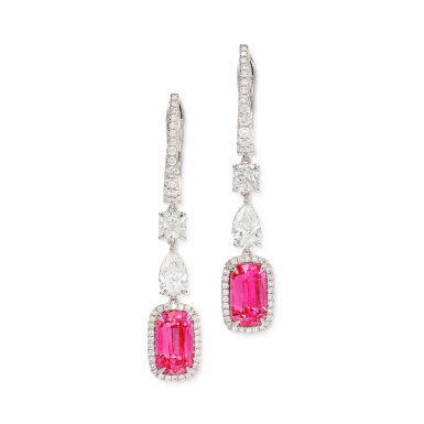 View full screen - View 1 of Lot 621. Spinel and Diamond Pendent Earrings | 天然「緬甸」未經加熱 粉紅色尖晶石 配 鑽石 耳環一對 (尖晶石共重約 6.38 克拉).
