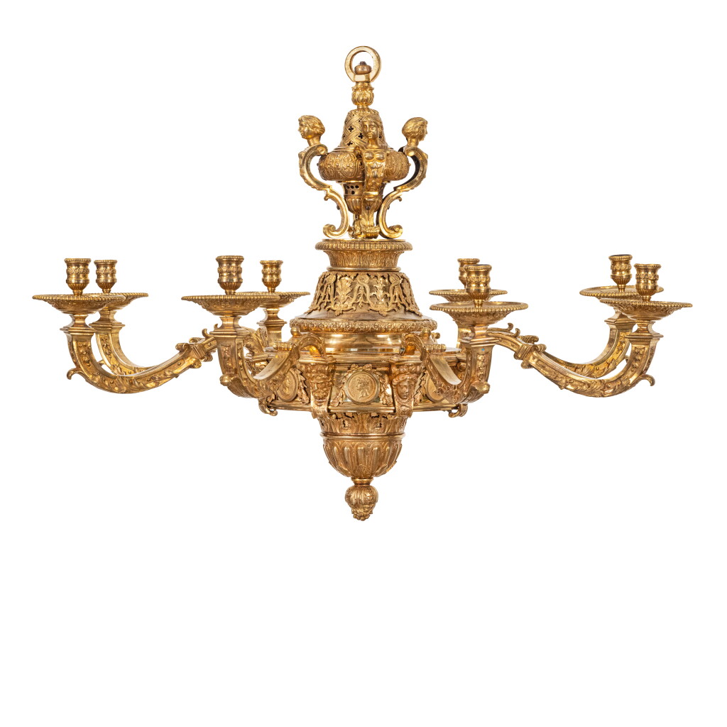 View full screen - View 1 of Lot 45. A Louis XIV Gilt-Bronze Eight-Light Chandelier after designs published by Daniel Marot, early 18th Century.