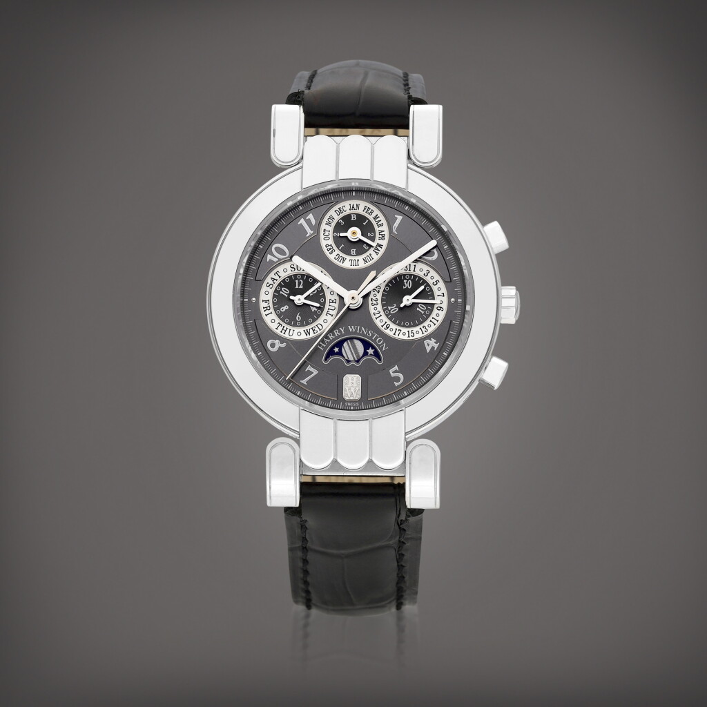 View full screen - View 1 of Lot 8856. Ocean Perpetual Calendar Chronograph, Reference 200-MCAPC38P | A limited edition platinum perpetual calendar chronograph wristwatch with moon phases and leap year indication, Circa 1995 | 海瑞溫斯頓 | Ocean Perpetual Calendar Chronograph 型號200-MCAPC38P | 限量版鉑金萬年曆計時腕錶,備月相及閏年顯示,約1995年製.