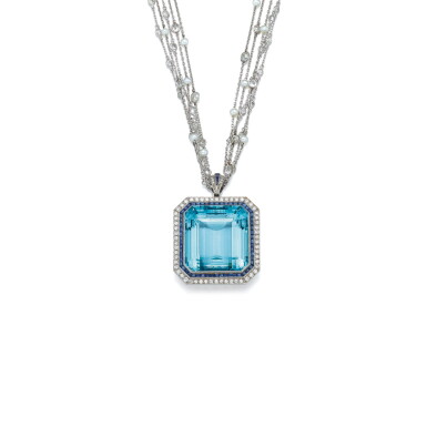View full screen - View 1 of Lot 1617. AQUAMARINE, SAPPHIRE, DIAMOND AND SEED PEARL PENDENT NECKLACE 海藍寶, 藍寶石 配 鑽石 及 珍珠 項鏈 .