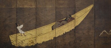 View full screen - View 1 of Lot 2006. Attributed to the Hasegawa school, A Boat Cast Adrift (Ukifune), Momoyama - Edo period, early 17th century | 長谷川派 浮舟図屏風 桃山時代末期~江戸時代初期 17世紀初頭.