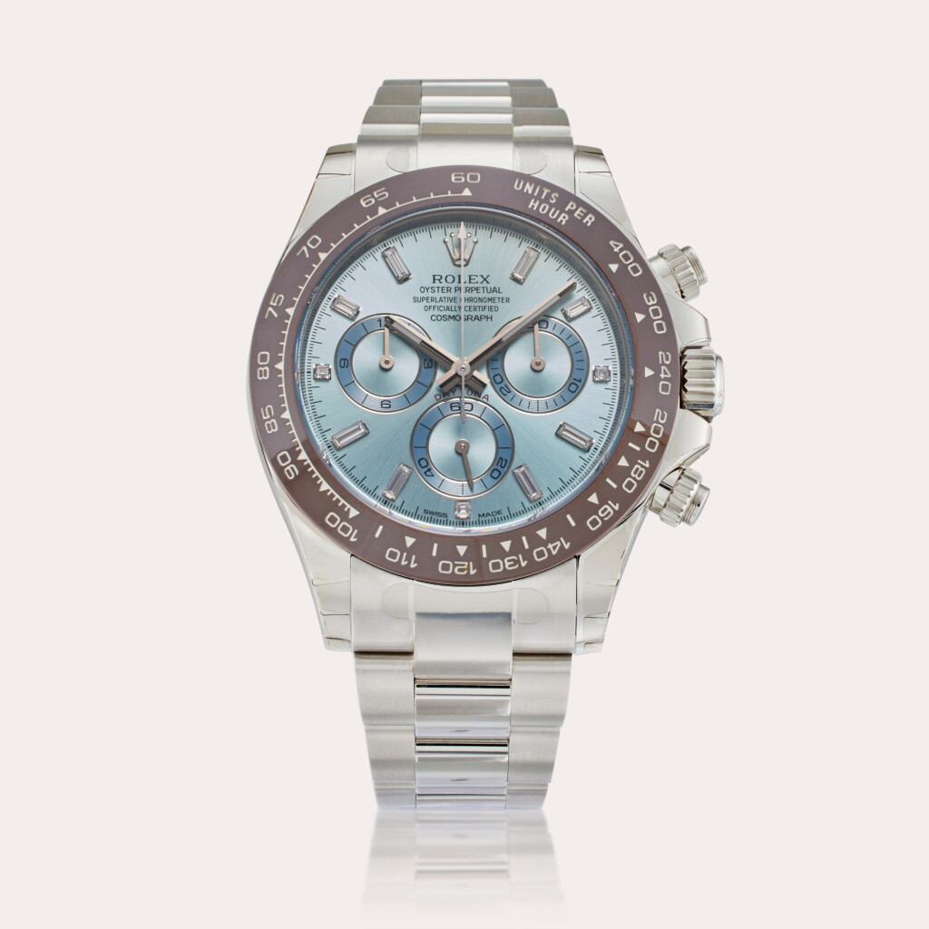 View full screen - View 1 of Lot 63. Reference 116506 Daytona | A platinum and diamond-set automatic chronograph wristwatch with bracelet, Circa 2021.