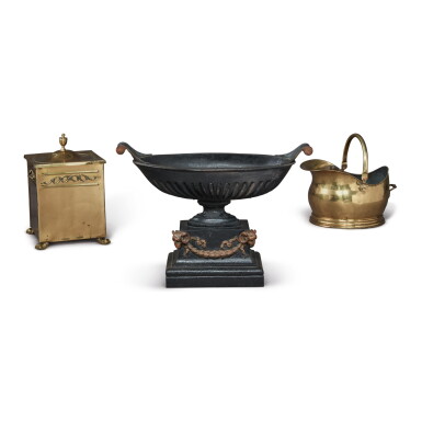 View full screen - View 1 of Lot 789. A VICTORIAN CAST IRON COAL GRATE, A BRASS COAL SCUTTLE, AND A BRASS COVERED TWO-HANDLED BOX, LATE 19TH/EARLY 20TH CENTURY.