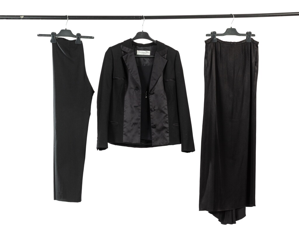 View full screen - View 1 of Lot 280. Haute Couture smocking composed of three pieces in wool and black satin and a Dior by John Galliano bag 1999.