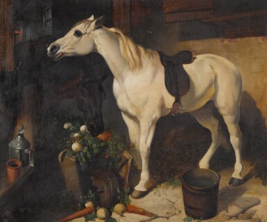 View full screen - View 1 of Lot 157. STUDIO OF JOHN FREDERICK HERRING SR. | HORSES IN A STABLE EATING VEGETABLES FROM A WHEELBARROW.