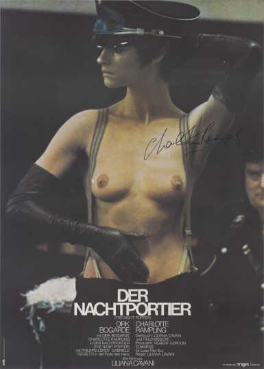 View full screen - View 1 of Lot 164. IL PORTIERE DI NOTTE / DER NACHTPORTIER / THE NIGHT PORTER (1974) FIRST GERMAN RELEASE POSTER, 1975, SIGNED BY CHARLOTTE RAMPLING.
