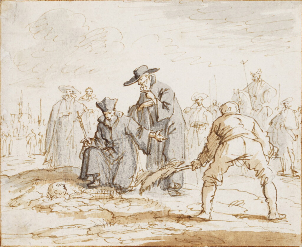 View full screen - View 1 of Lot 171. Six studies for The Martyrs' Mirror: A) The Torture of Geleijn the shoemaker, 1572 B) The Martyrdom of Anneken Heyndricks, 1571 C) The Burial alive of Anneke van den Hove, Brussels, 1597 D) Adriaen Wens at the place of execution of his mother E) 180 people burned under the name of Albigois as heretics, 1210 F) Pieter Pietersz. Bekjen being led to the stake.
