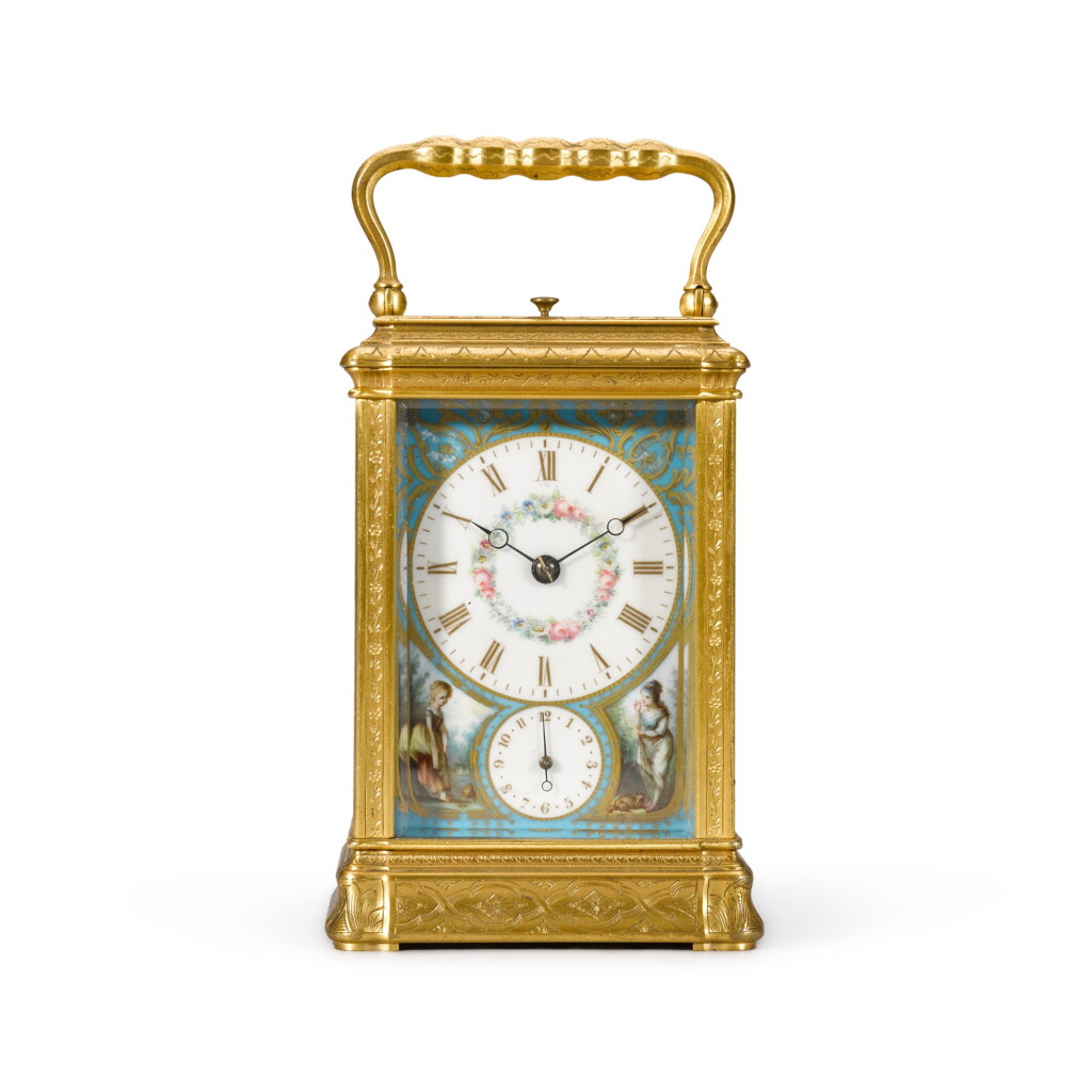 View full screen - View 1 of Lot 96. A gilt-brass engraved gorge repeating carriage clock with alarm, French, circa 1875.