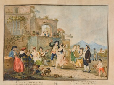 View full screen - View 1 of Lot 137. A) A couple dancing the Tarantella surrounded by musicians in the Bay of Naples B) A festive procession with musicians in a carriage.