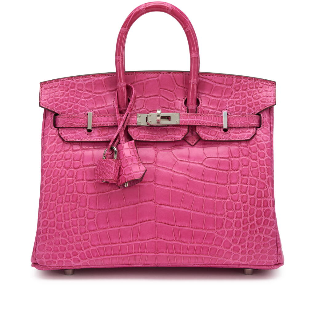 View full screen - View 1 of Lot 70. Rose Shocking Matte Mississippiensis Alligator Birkin 25 Palladium Hardware, 2020 .