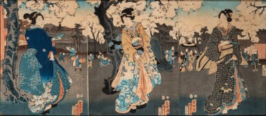 View full screen - View 1 of Lot 134. TRIPTYQUE PAR UTAGAWA KUNIYOSHI (1797-1861), ET TRIPTYQUE PAR UTAGAWA KUNISADA (1786-1865) JAPON, XIXE SIÈCLE | 日本 十九世紀 歌川国芳 《美人圖三聯畫》 及 十九世紀 歌川国貞 《美人圖三聯畫》 |Utagawa Kuniyoshi (1797-1861), two triptychs, Japan, 19th century.
