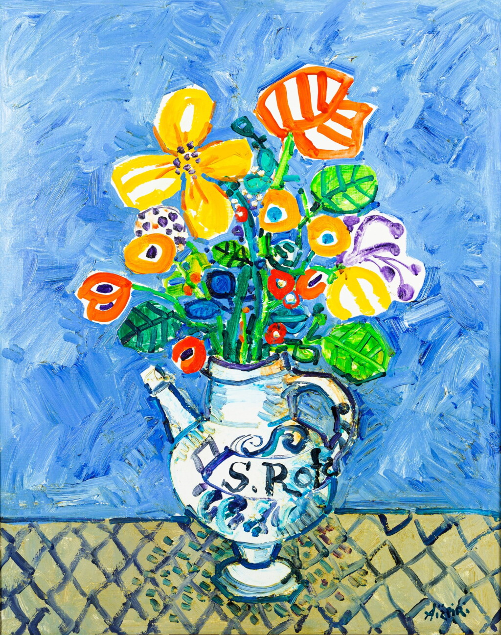 View full screen - View 1 of Lot 212. Vase de fleurs sur fond bleu.