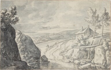 View full screen - View 1 of Lot 41. Hilly landscape with a hut by a river.